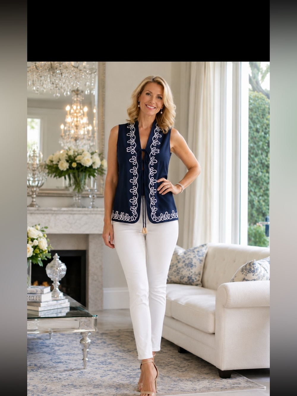 New Rachel Zoe Navy Sleeveless Embroidered Tie-Front Top size M